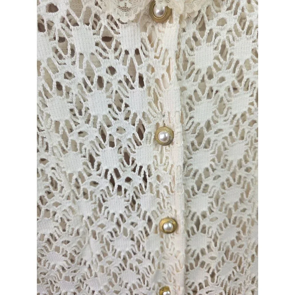 Bona Kids 80s Lace Knit Sweater Dress Girls Sz 12/14 Ivory ButtonUp Lace Neck